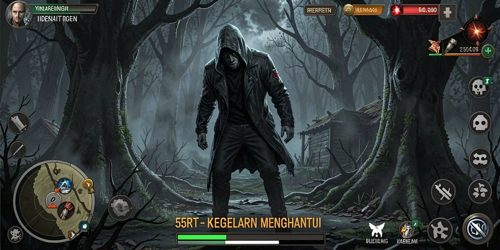 Screenshot gameplay menakutkan dari 55RT menunjukkan kegelapan dan ketegangan.