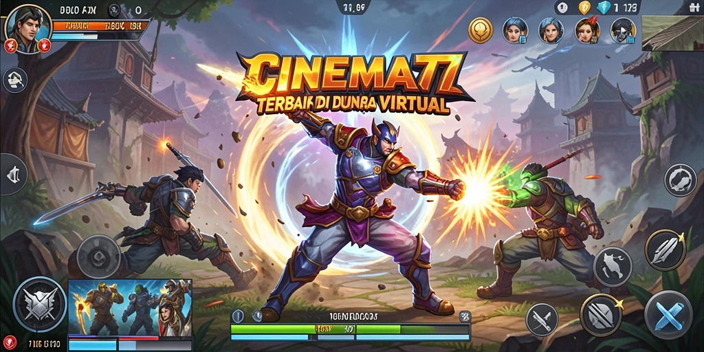Screenshot gameplay CINEMA77 yang menampilkan aksi bertarung seru antara karakter.