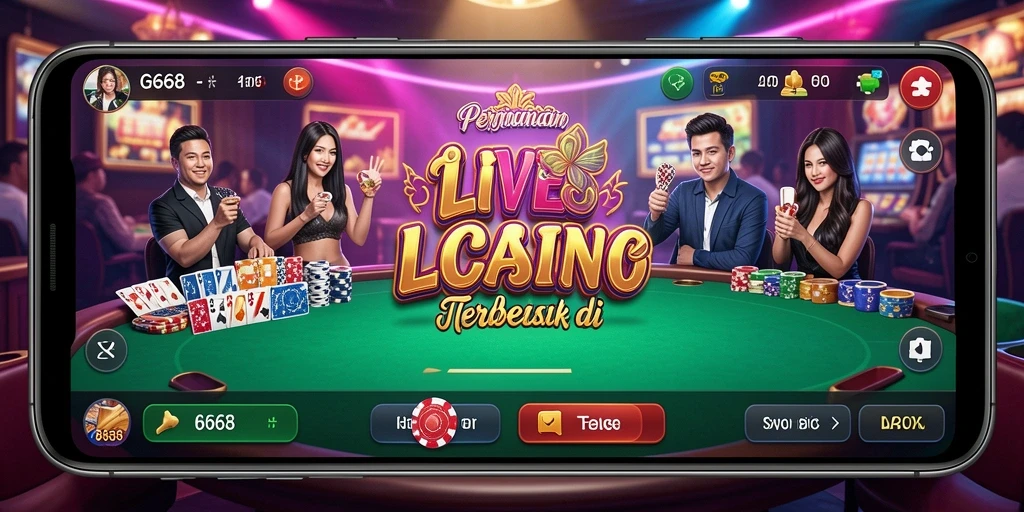 Screenshot gameplay G668 menunjukkan dealer langsung dan suasana kasino yang dinamis.