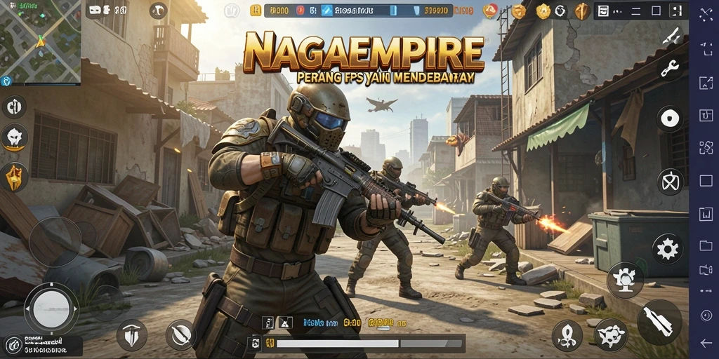 Screenshot utama NAGAEMPIRE menunjukkan aksi tembak-menembak yang intens.