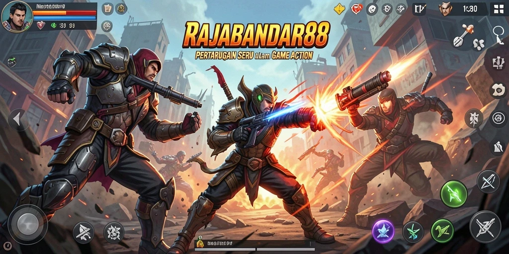 Skrinsut utama RAJABANDAR88 menunjukkan aksi seru pertarungan antara karakter dalam arena.