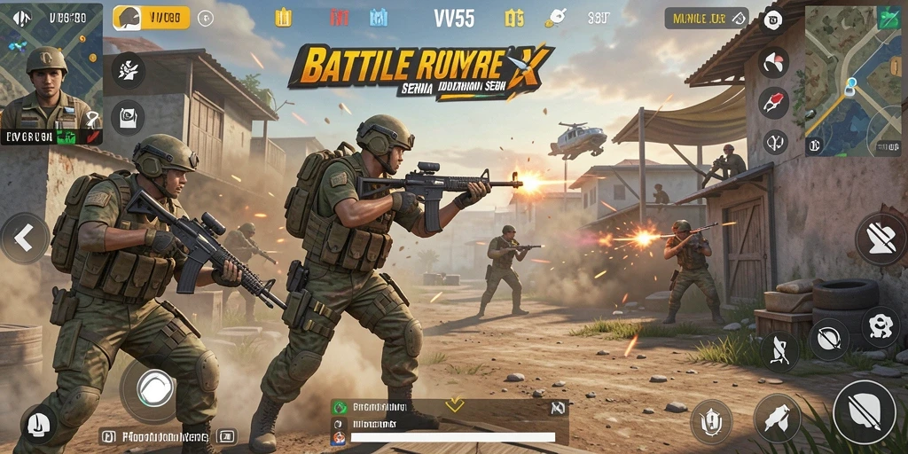 Screenshot utama VV55 menunjukkan aksi bertempur seru dalam Battle Royale.